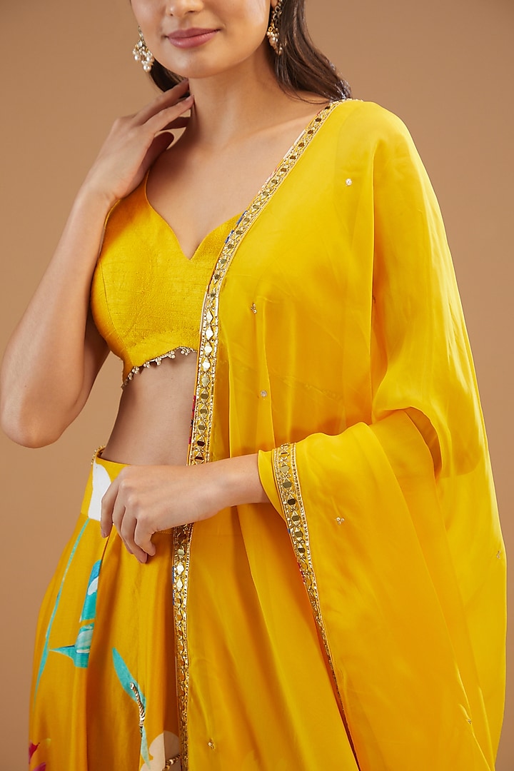 Mustard Chanderi Silk Printed & Embroidered Wedding Lehenga Set by KAIA at Pernia's Pop Up Shop