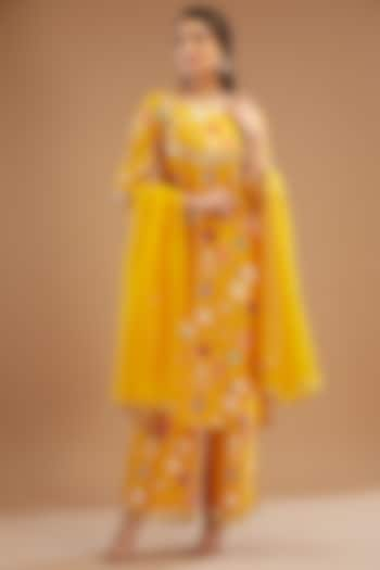 Mustard Chanderi Silk Embroidered Kurta Set by KAIA at Pernia's Pop Up Shop