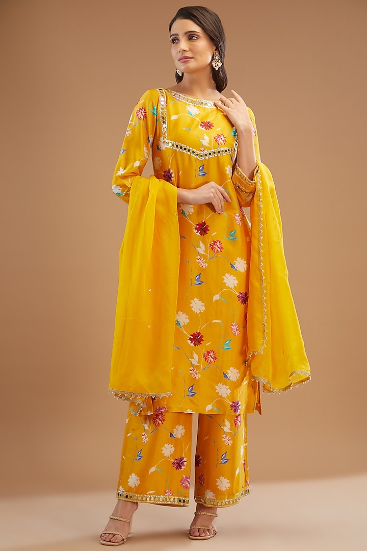 Mustard Chanderi Silk Embroidered Kurta Set by KAIA at Pernia's Pop Up Shop