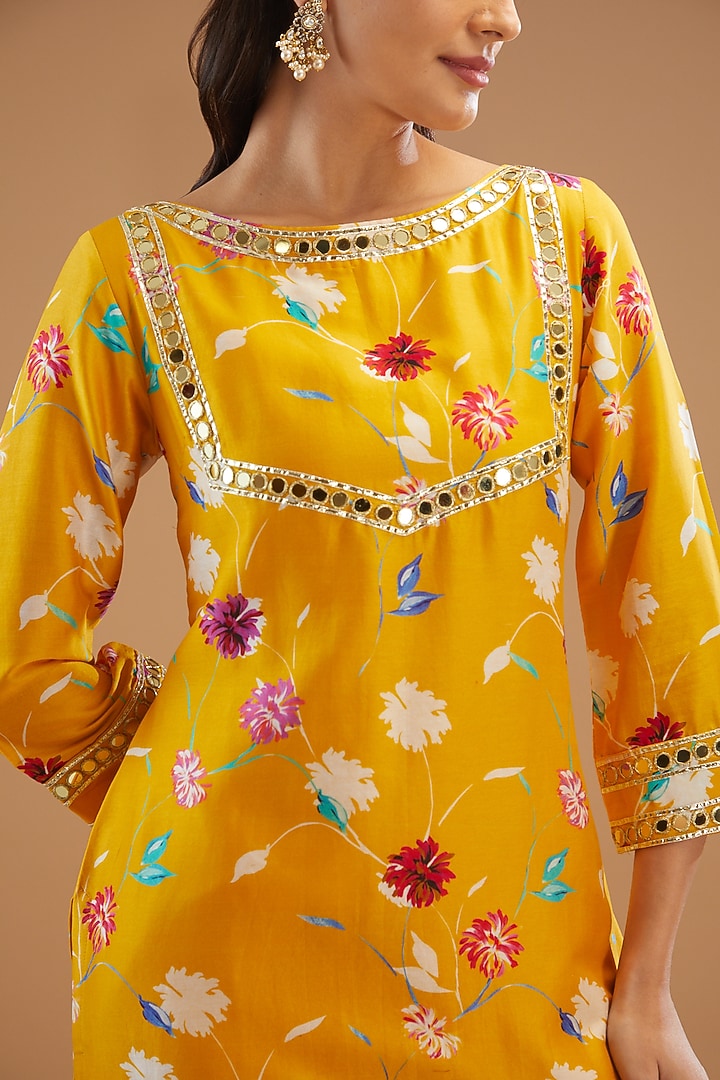 Mustard Chanderi Silk Embroidered Kurta Set by KAIA at Pernia's Pop Up Shop