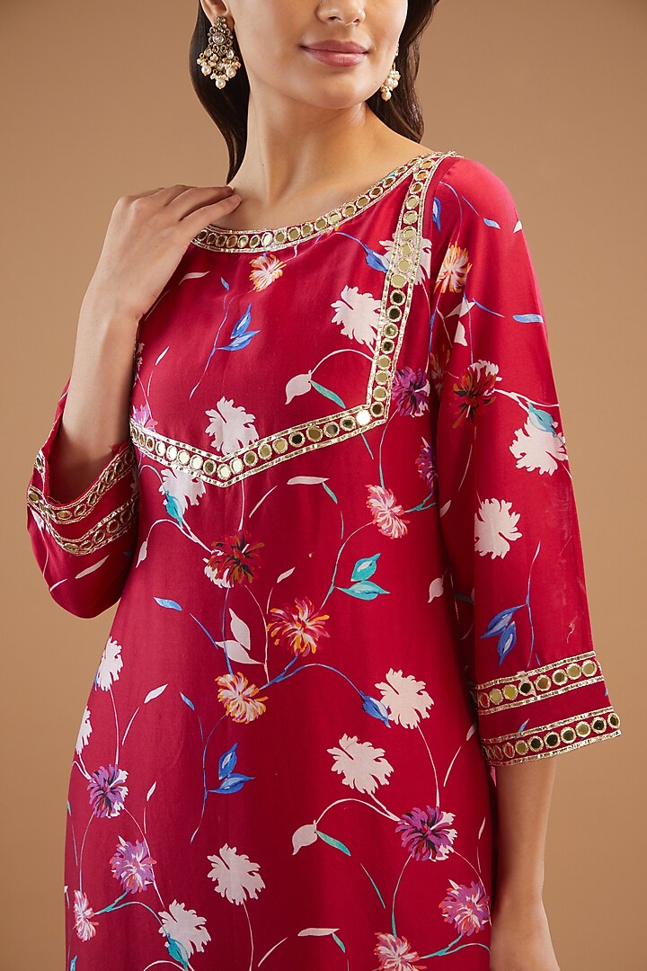 Reddish Pink Chanderi Silk Embroidered Kurta Set by KAIA at Pernia's Pop Up Shop