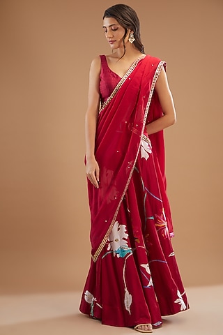 Reddish Pink Chanderi Silk Printed & Embroidered Lehenga Set by KAIA