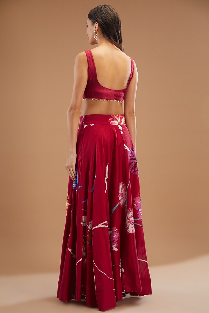 Reddish Pink Chanderi Silk Printed & Embroidered Wedding Lehenga Set by KAIA at Pernia's Pop Up Shop