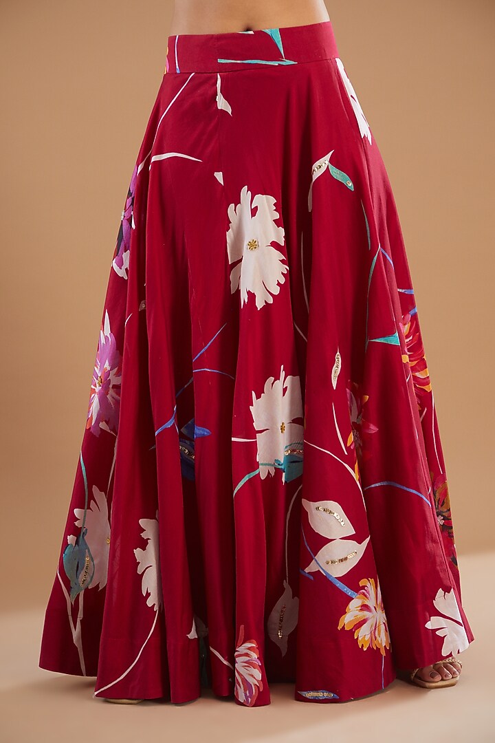 Reddish Pink Chanderi Silk Printed & Embroidered Wedding Lehenga Set by KAIA at Pernia's Pop Up Shop
