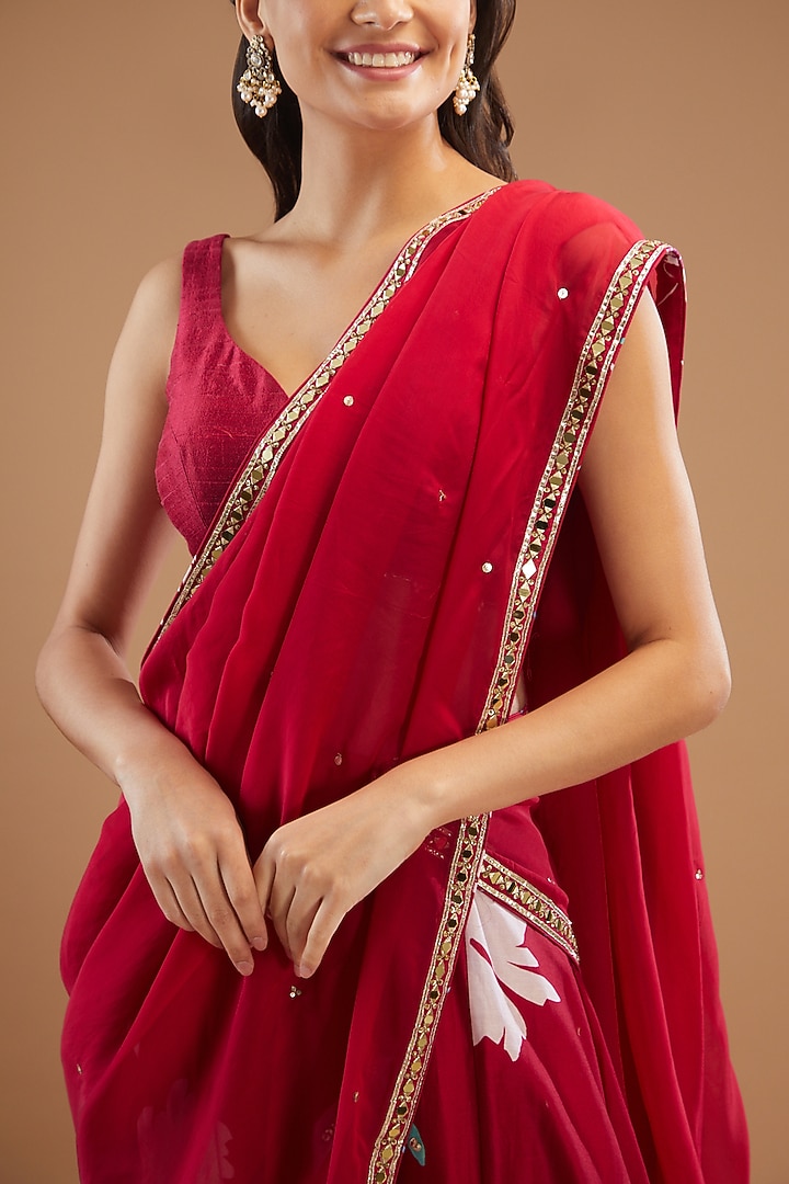 Reddish Pink Chanderi Silk Printed & Embroidered Wedding Lehenga Set by KAIA at Pernia's Pop Up Shop