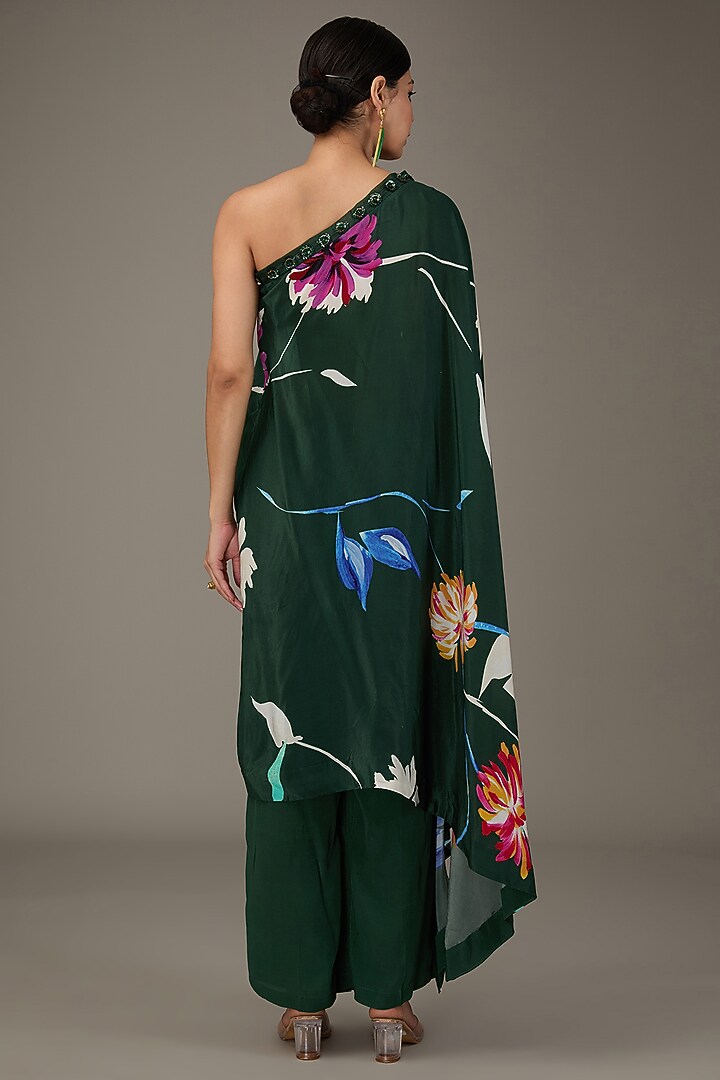 Emerald Green Crepe Digital Floral Printed One-Shoulder Kurta Set by KAIA at Pernia's Pop Up Shop