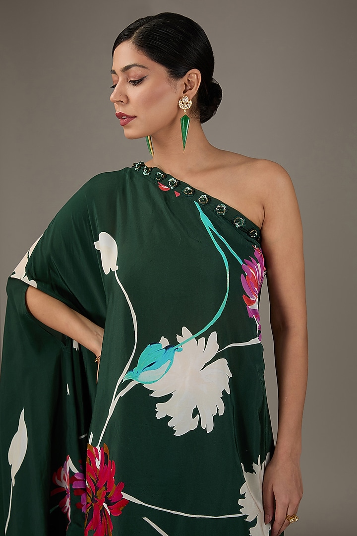 Emerald Green Crepe Digital Floral Printed One-Shoulder Kurta Set by KAIA at Pernia's Pop Up Shop