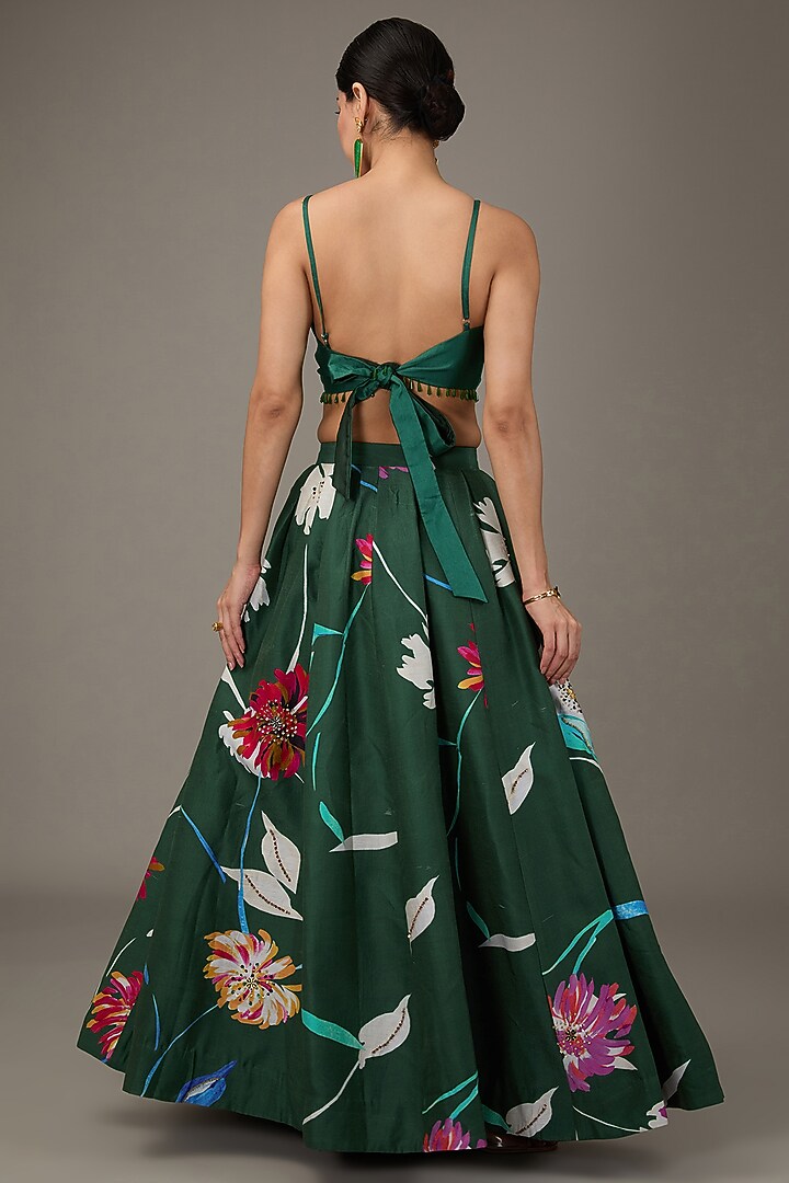 Emerald Green Chanderi Digital Floral Printed Wedding Lehenga Set by KAIA at Pernia's Pop Up Shop