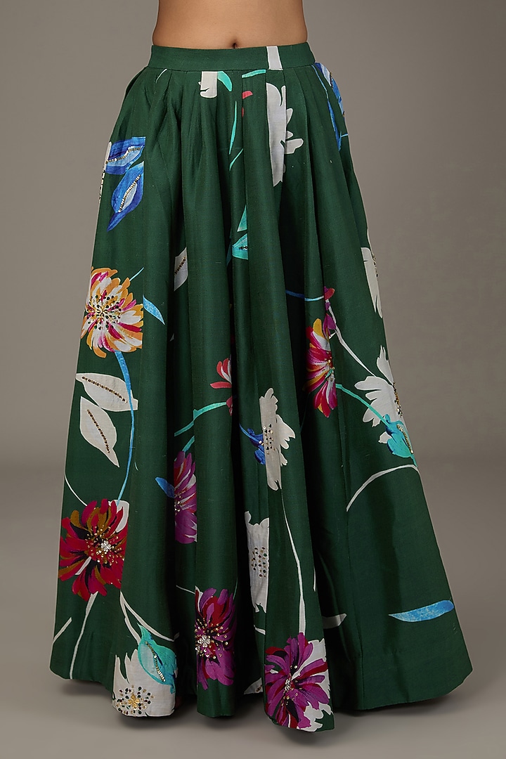 Emerald Green Chanderi Digital Floral Printed Wedding Lehenga Set by KAIA at Pernia's Pop Up Shop