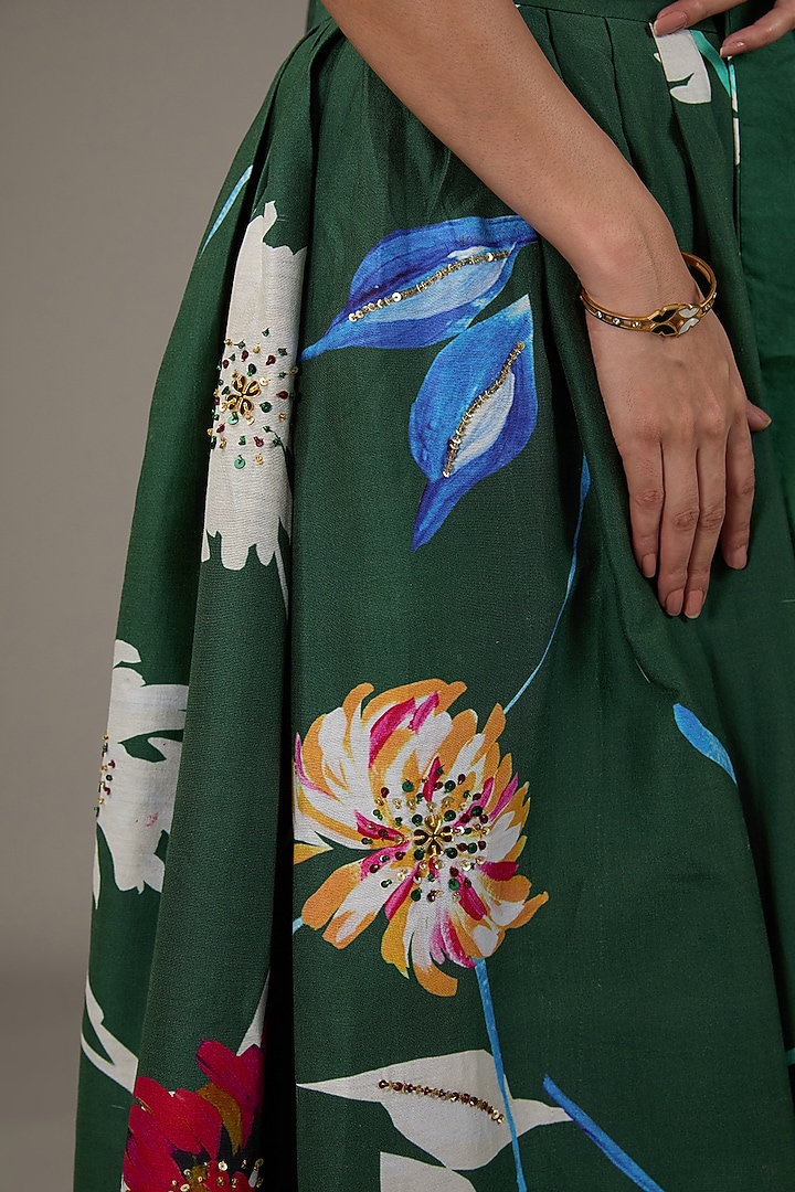 Emerald Green Chanderi Digital Floral Printed Wedding Lehenga Set by KAIA at Pernia's Pop Up Shop