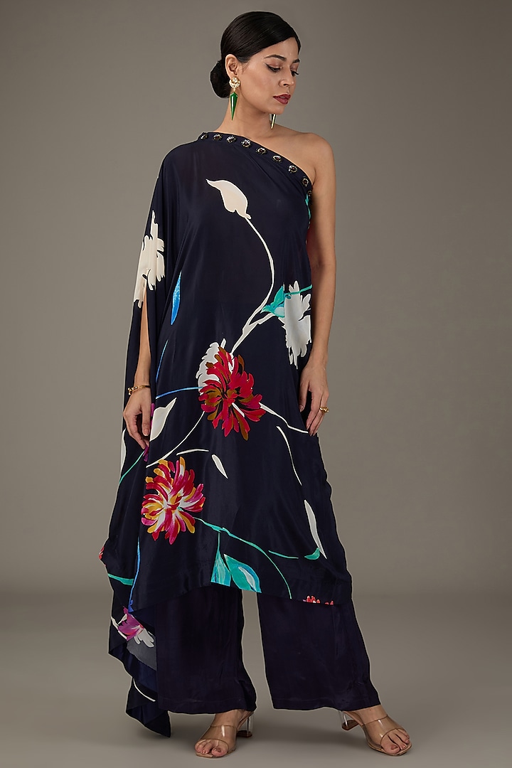 Deep Blue Crepe Digital Floral Printed One-Shoulder Kurta Set by KAIA at Pernia's Pop Up Shop