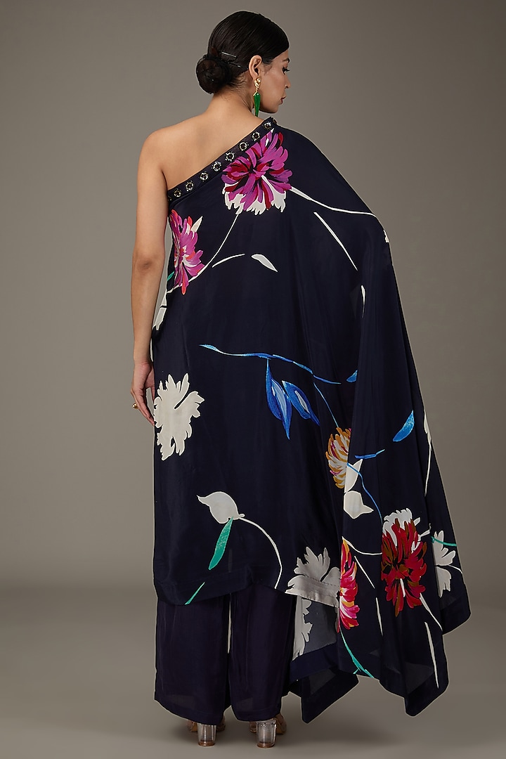 Deep Blue Crepe Digital Floral Printed One-Shoulder Kurta Set by KAIA at Pernia's Pop Up Shop