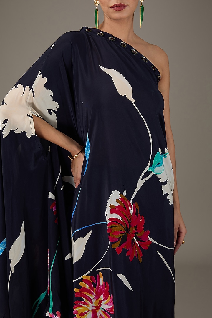 Deep Blue Crepe Digital Floral Printed One-Shoulder Kurta Set by KAIA at Pernia's Pop Up Shop
