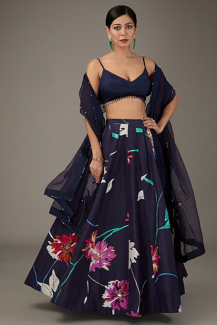 Deep Blue Chanderi Digital Floral Printed Lehenga Set by KAIA at Pernia's Pop Up Shop