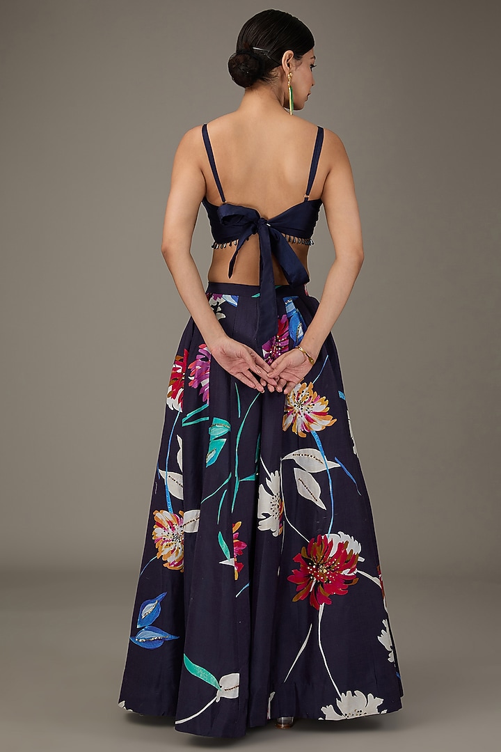 Deep Blue Chanderi Digital Floral Printed Wedding Lehenga Set by KAIA at Pernia's Pop Up Shop