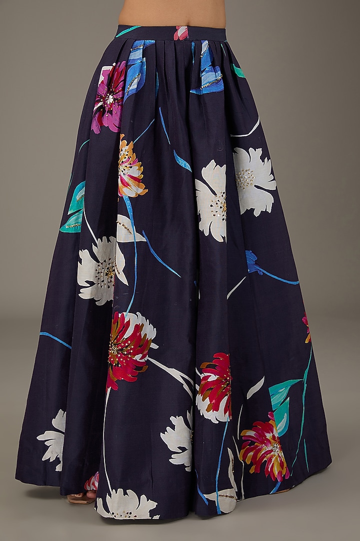 Deep Blue Chanderi Digital Floral Printed Wedding Lehenga Set by KAIA at Pernia's Pop Up Shop