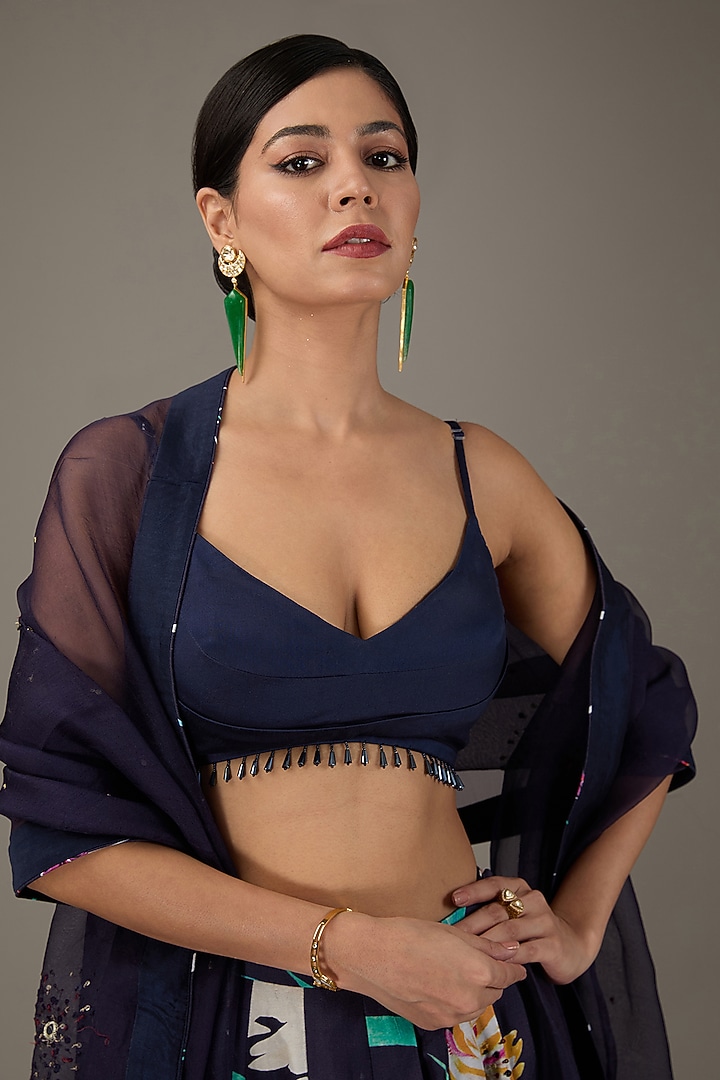 Deep Blue Chanderi Digital Floral Printed Wedding Lehenga Set by KAIA at Pernia's Pop Up Shop