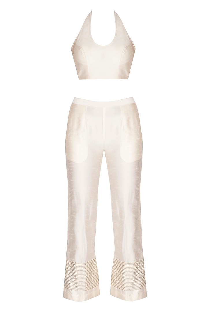 White Embroidered Kurta With Bustier & Pants by KAIA at Pernia's Pop Up Shop