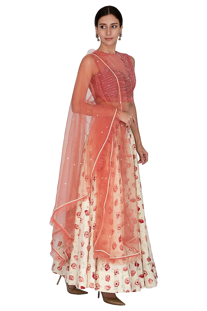Dusky Red & White Embroidered Printed Wedding Lehenga Set by KAIA at Pernia's Pop Up Shop