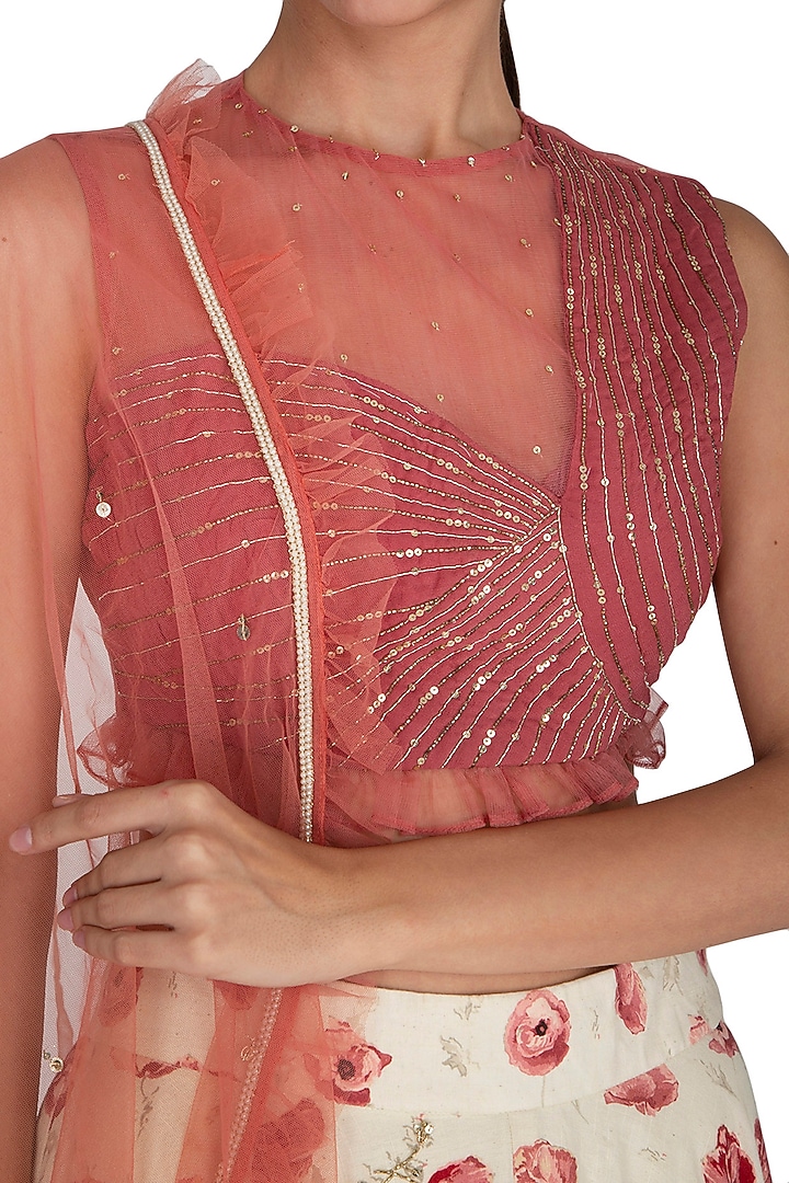 Dusky Red & White Embroidered Printed Wedding Lehenga Set by KAIA at Pernia's Pop Up Shop