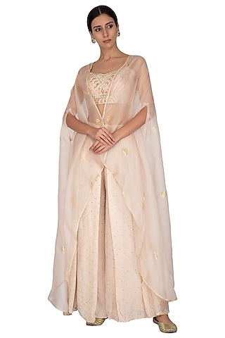 Golden Embroidered Blouse With Palazzo Pants & Cape by KAIA