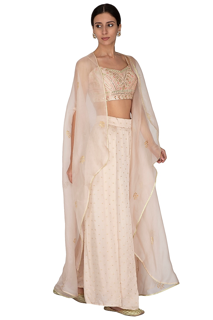 Golden Embroidered Blouse With Palazzo Pants & Cape by KAIA at Pernia's Pop Up Shop