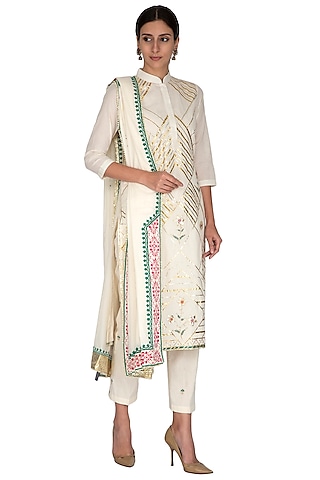 Off White Embroidered & Printed Kurta Set by KAIA