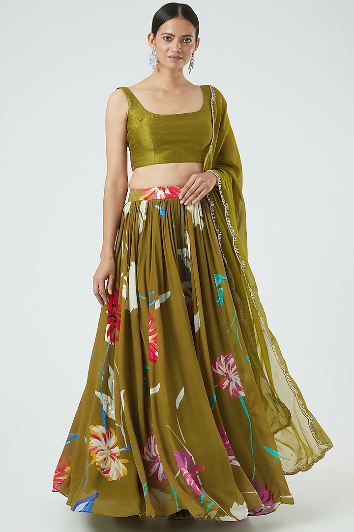 Cigar Green Floral Printed Lehenga Set by KAIA at Pernia's Pop Up Shop