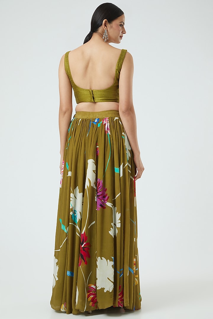 Cigar Green Floral Printed Lehenga Set by KAIA at Pernia's Pop Up Shop