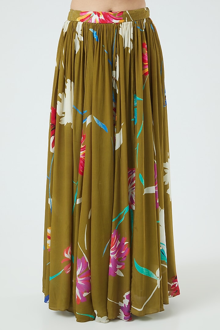 Cigar Green Floral Printed Lehenga Set by KAIA at Pernia's Pop Up Shop