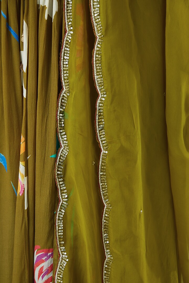 Cigar Green Floral Printed Lehenga Set by KAIA at Pernia's Pop Up Shop