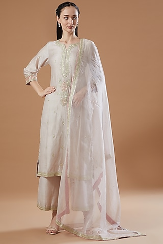 Light Grey Embroidered Kurta Set by KAIA