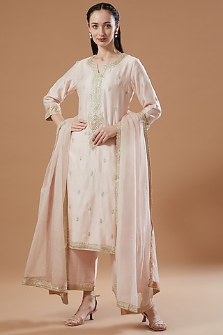 Light Gold Embroidered Kurta Set by KAIA