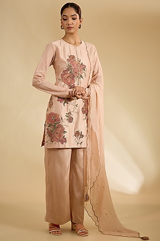 Taupe Gold Silk Zardosi Work Kurta Set by KAIA