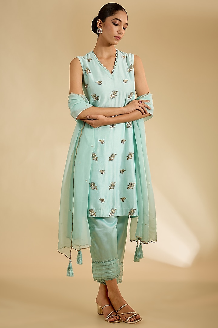 Powder Blue Silk Zardosi Embellished Kurta Set by KAIA at Pernia's Pop Up Shop