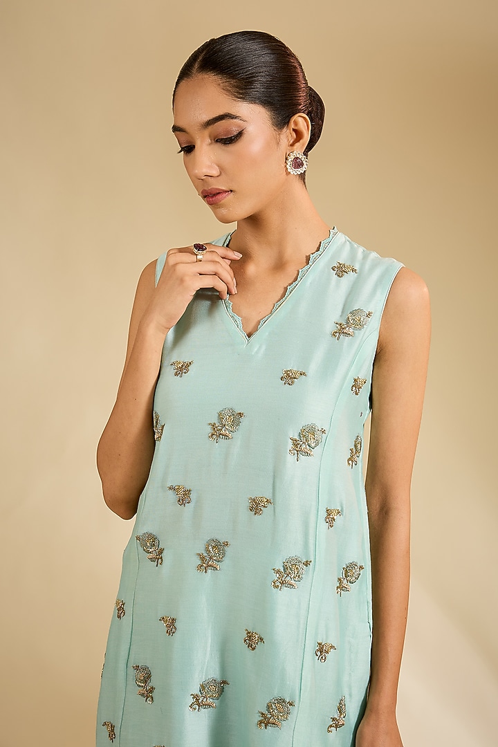 Powder Blue Silk Zardosi Embellished Kurta Set by KAIA at Pernia's Pop Up Shop