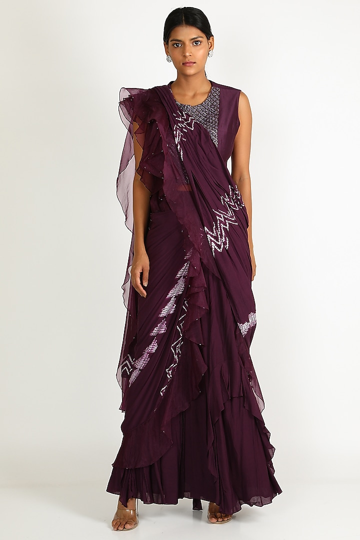 Purple Embroidered Draped Saree Set by Karigar & Co.