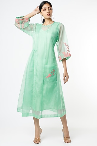 Turquoise Thread Applique Embroidered Dress by Karigar & Co.