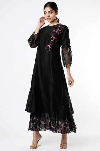 Black Thread Applique Embroidered Dress by Karigar & Co.