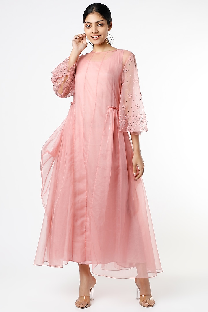 Pale Pink Applique Embroidered Dress by Karigar & Co.