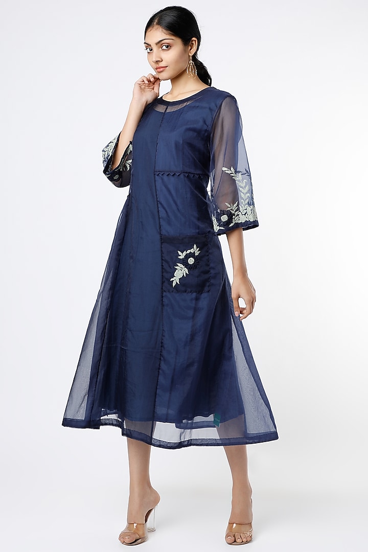 Navy Blue Applique Embroidered Dress by Karigar & Co.
