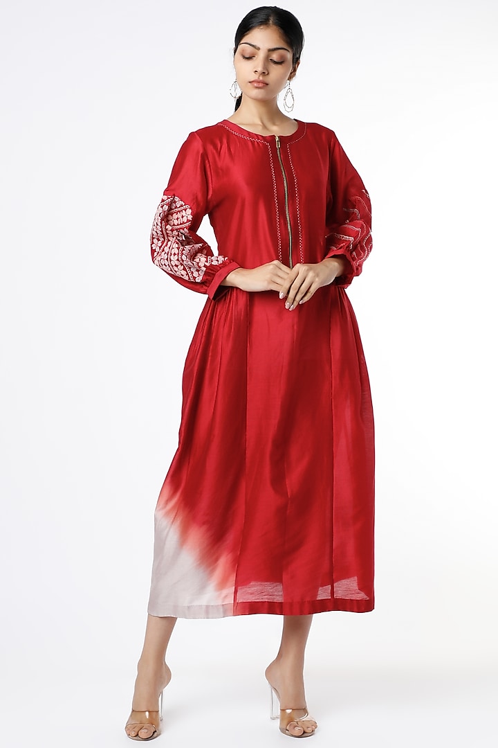 Red Thread Applique Embroidered Shaded Dress by Karigar & Co.