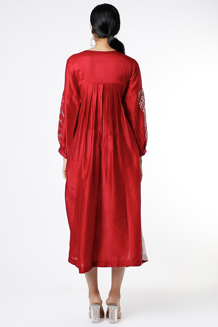 Red Thread Applique Embroidered Shaded Vacation Dress by Karigar & Co. at Pernia's Pop Up Shop