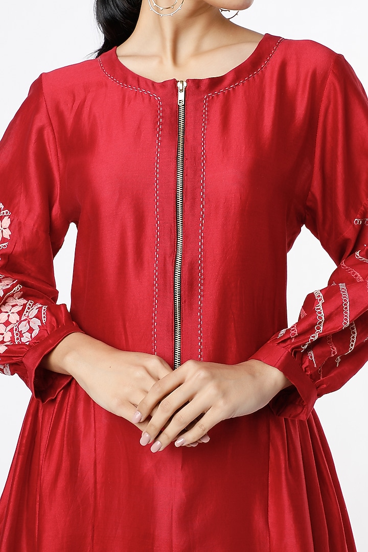 Red Thread Applique Embroidered Shaded Vacation Dress by Karigar & Co. at Pernia's Pop Up Shop