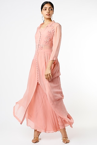 Pale Pink Thread Applique Embroidered Jacket Set by Karigar & Co.