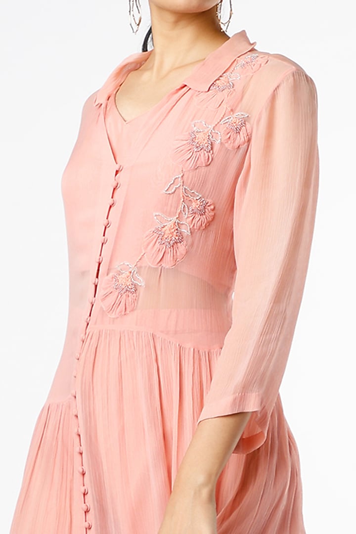 Pale Pink Thread Applique Embroidered Jacket Set by Karigar & Co. at Pernia's Pop Up Shop