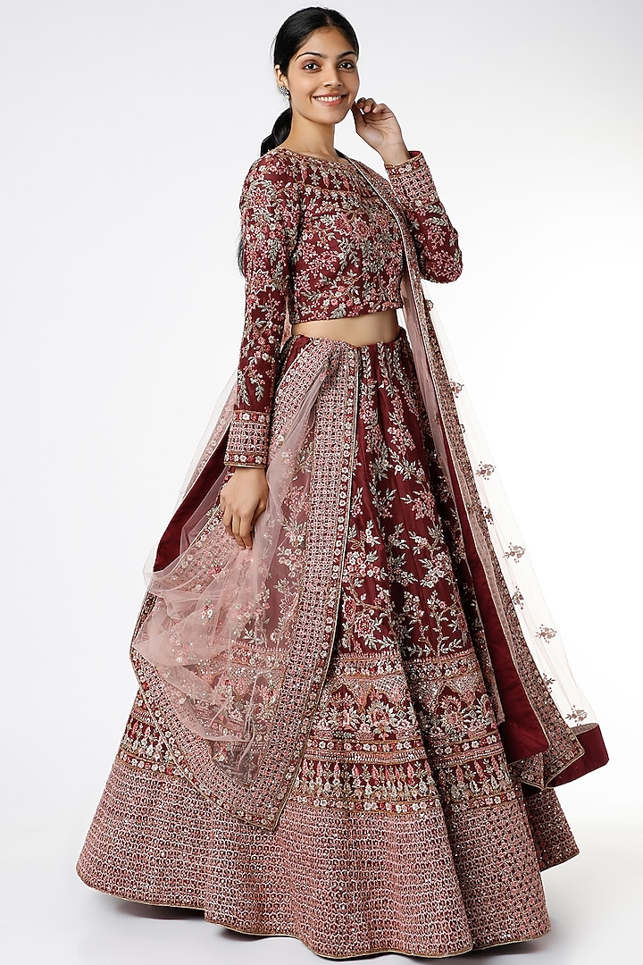 Wine Zari Embellished Lehenga Set by Kalighata