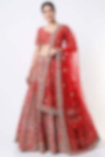 Fiery Red Hand Embroidered Wedding Lehenga Set by Kalighata at Pernia's Pop Up Shop