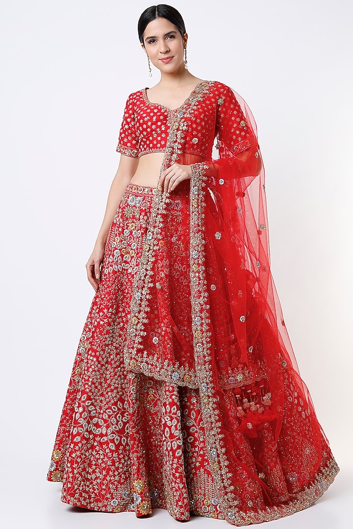Fiery Red Hand Embroidered Wedding Lehenga Set by Kalighata at Pernia's Pop Up Shop