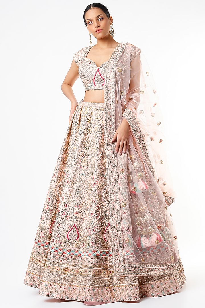 Peach Embroidered Handcrafted Meghna Bridal Lehenga Set by Kalighata at Pernia's Pop Up Shop